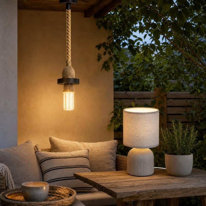 Twilight set za ugođaj: visilica od konopa + LED žarulja + stolna lampa sa sjenilom