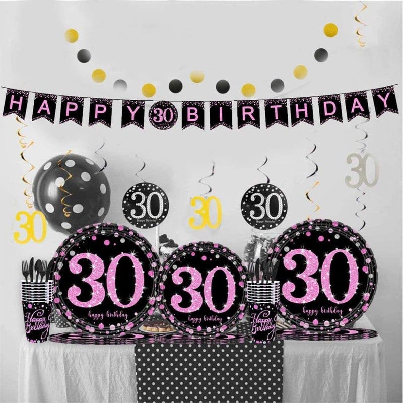 Fekete-rózsaszín 30. születésnapi partikellék szett 16 főre, 65 db-os