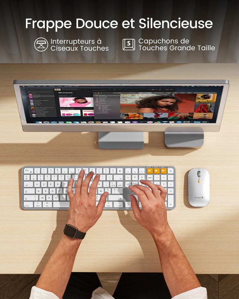 ProtoArc KM100-A Vezeték Nélküli Háttérvilágítású Billentyűzet és Egér Szett MacBookhoz - Bluetooth AZERTY Fehér Kompatibilis iPhone, iPad, 