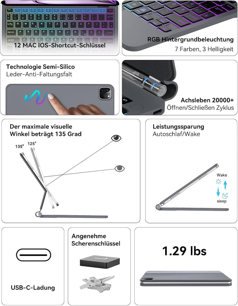 JADEMALL Magic Keyboard iPad Air 13 M2 2024 - Lebegő Állvány, Háttérvilágítás, Érintőpad és Gyorsbillentyűk, Bluetooth Billentyűzet Alumíniu