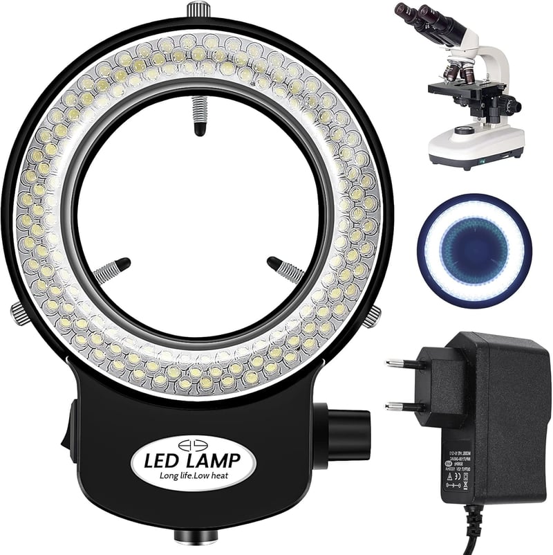 Tiamu LED Gyűrűs Mikroszkóp Világítás 144 LED-del, Állítható Fényerő 0-100%, 6000K Sztereó Mikroszkóp Lámpa Ékszerjavításhoz Fekete