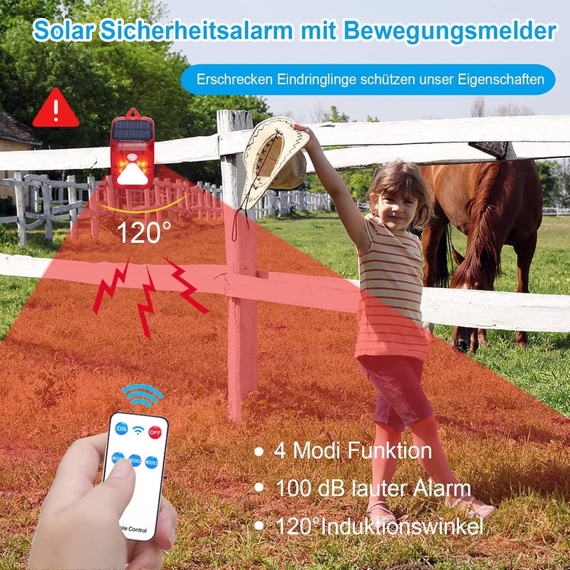 DAYTEE Napelemes Mozgásérzékelős Riasztó Stroboszkóp Fénnyel és Távirányítóval, 100dB, IP55 Vízálló