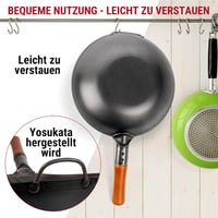 YOSUKATA 30 cm Karbonacél Wok Serpenyő - Előégetett Lapos Aljú Kínai Edény Indukciós, Gáz, Elektromos Főzőlaphoz és Grillhez - Autentikus Áz 9