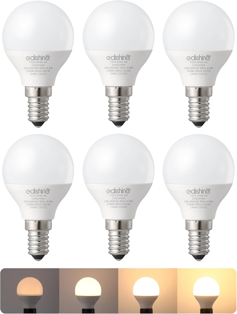 EDISHINE E14 LED Izzó, 6 db Meleg Fehér Fényerőszabályozható, 420LM, 4.8W (40W Helyett), 2700K, Energiatakarékos Csepp Alakú Lámpa Beltéri H