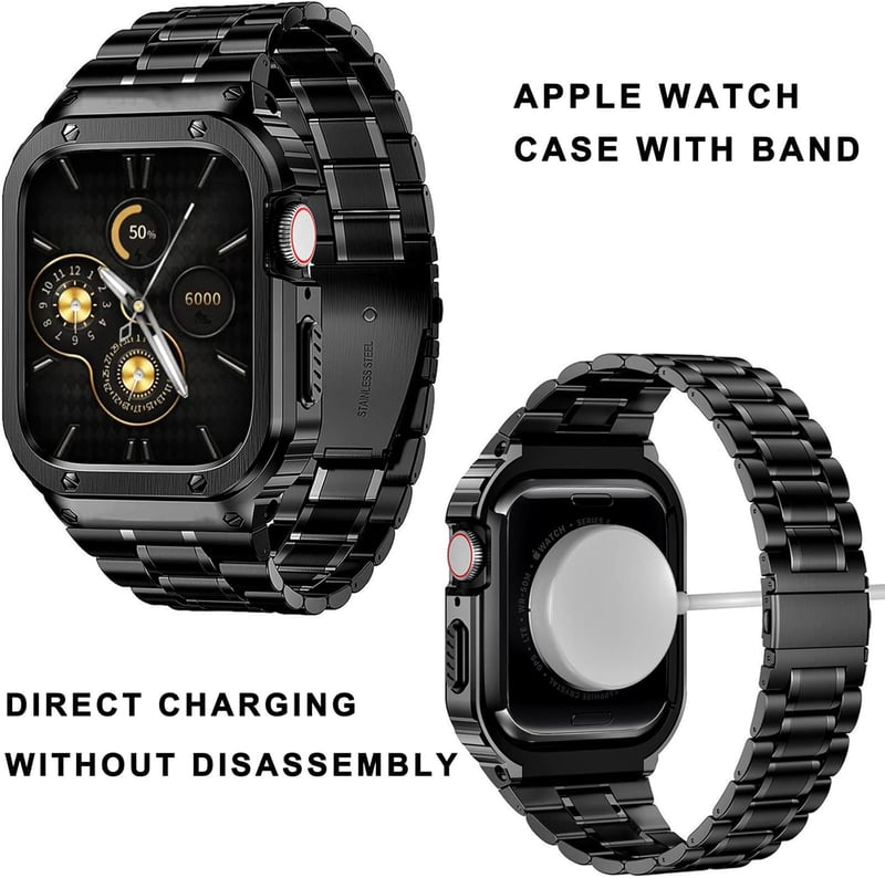 HASLFM Apple Watch 45mm Szíj - Rozsdamentes Acél Fém Pánt Védőtokkal, Kompatibilis iWatch Series 9/8/7 Órákkal, Férfi, Fekete