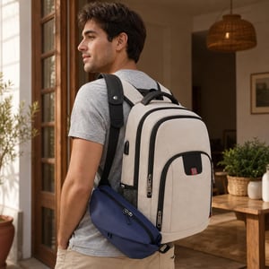 Gradski set torbi: naramenica od bivolje kože + ruksak za laptop 17,3" s USB-om + vodootporna torbica