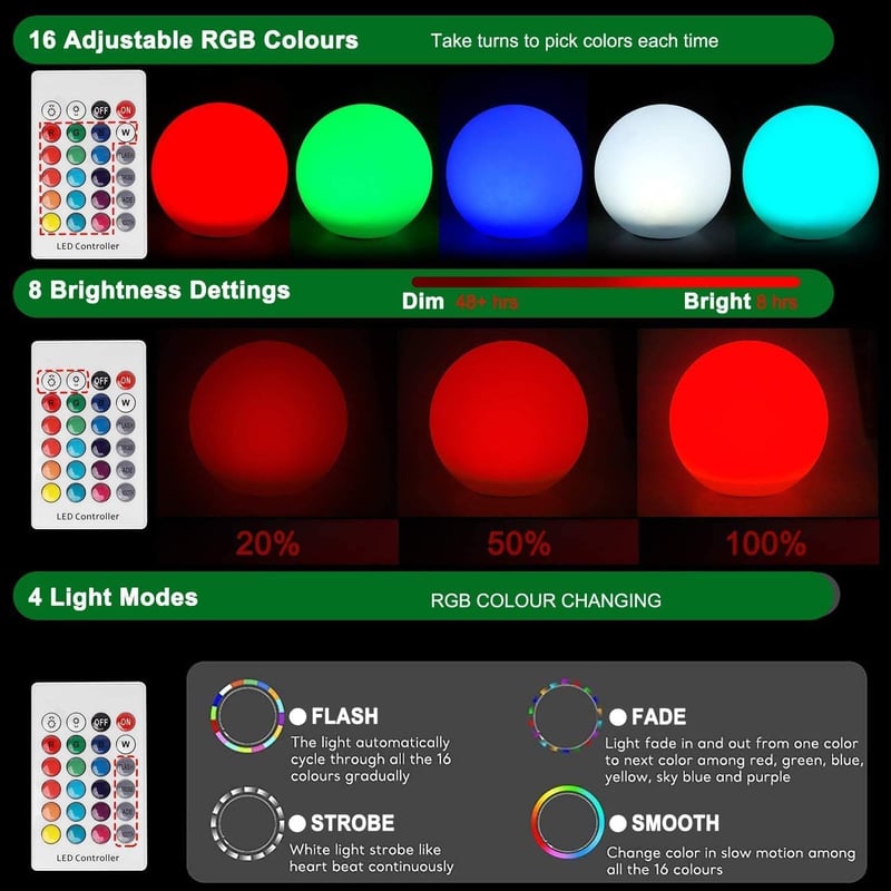 Aimosen RGB LED 30 cm Napelemes Kerti Gömblámpa - IP66 Vízálló, 16 Színű, Távirányítós, 1200 mAh Type-C Tölthető Kültéri Világítás Pázsitra,