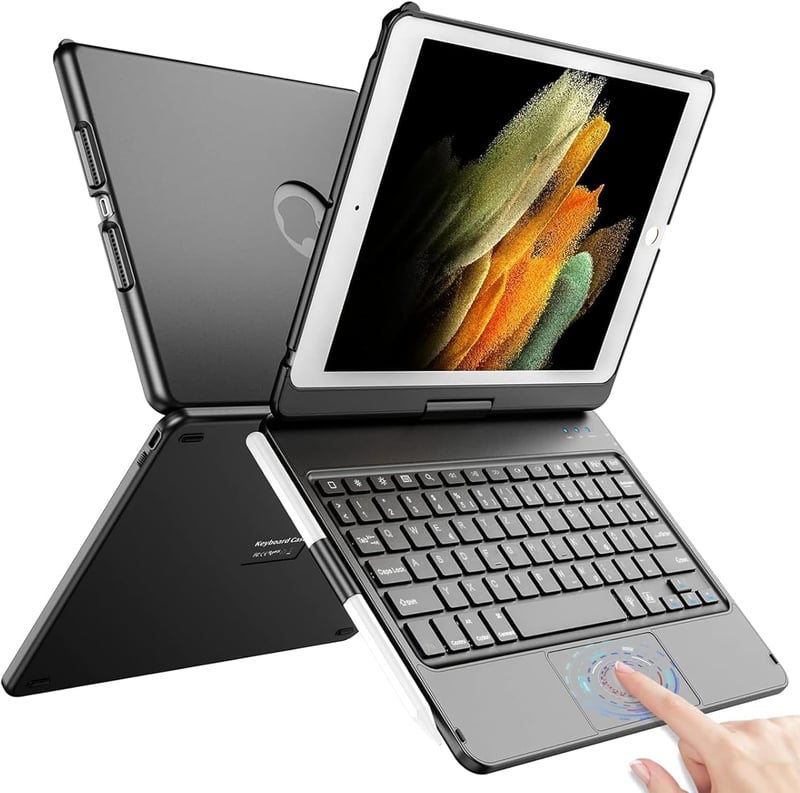TQQ iPad 10.2" Billentyűzet Tok Precíziós Trackpaddal - 7-8-9. Generációs iPad Védőtok, 10 Színű Háttérvilágítás, 360° Forgatható, Német QWE