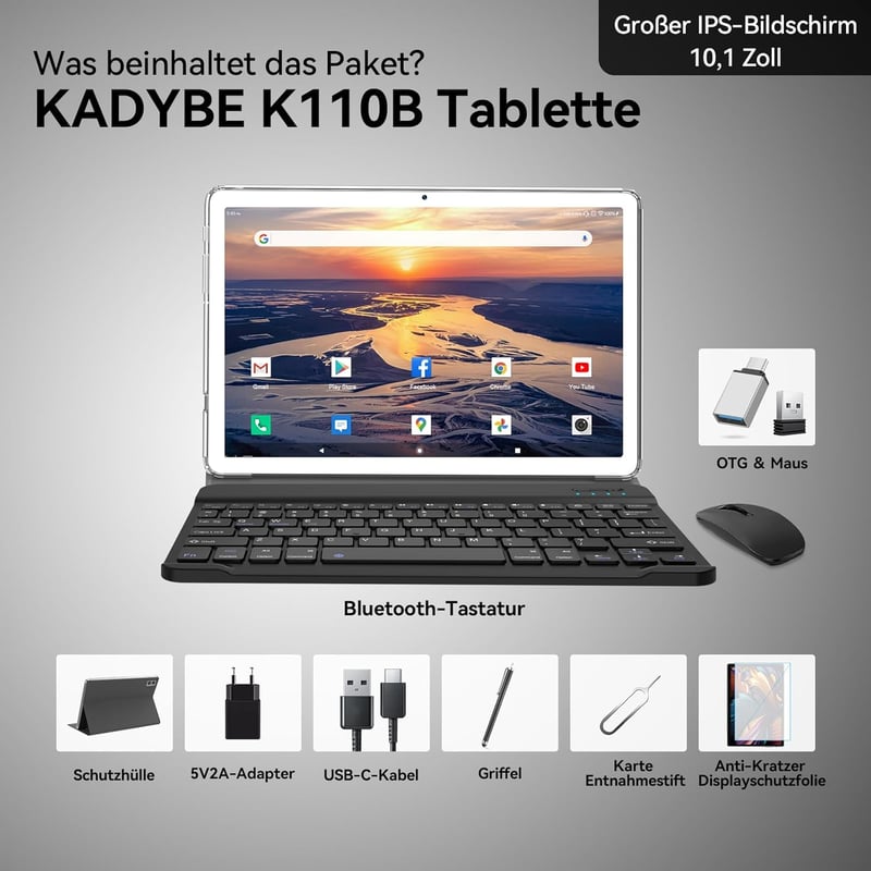 KADYBE 2024 legújabb 5G Android 12 tablet, 10" FHD, 128GB, billentyűzettel, ezüst