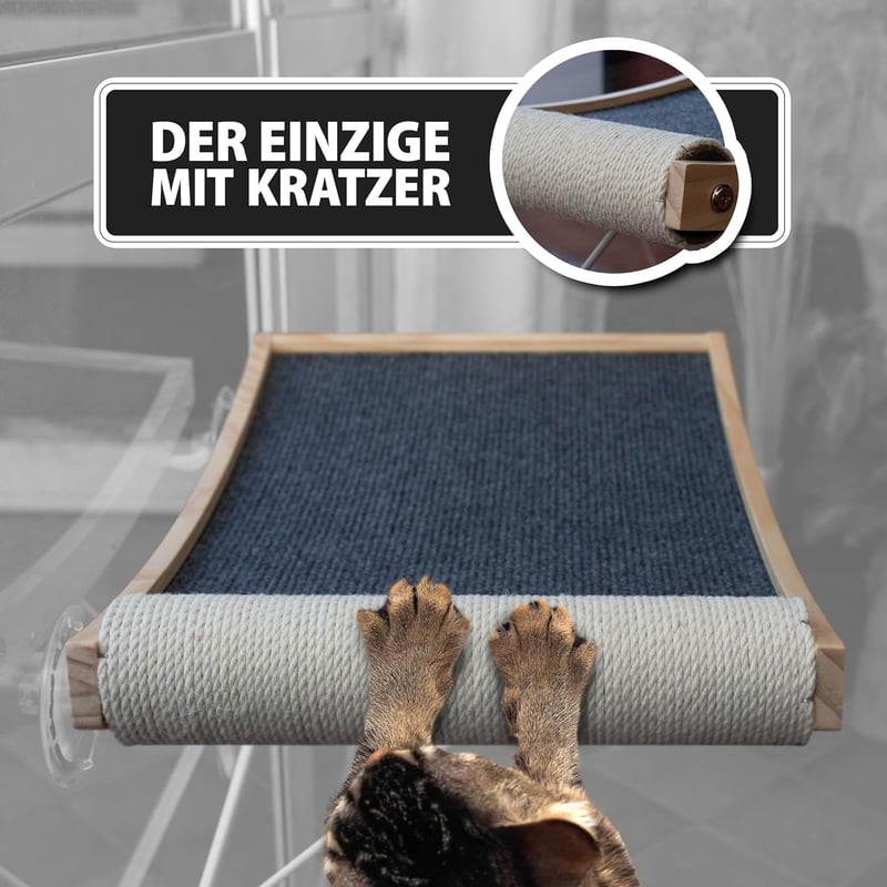 BECKSPON Összecsukható Macska Függőágy Beépített Kaparófával - Ablakra Rögzíthető Pihenőhely, 20 kg Teherbírás, Szürke, Fenyőfa Szerkezet