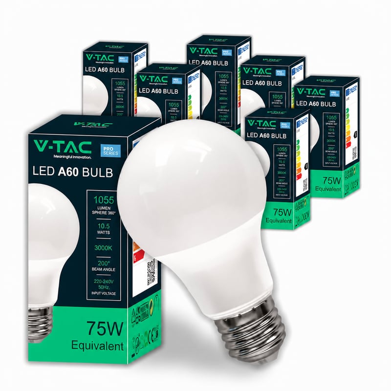 Bec LED V-TAC A60 E27 10,5W (echivalent 75W) 1055 Lumeni Alb Cald 3000K Eficient energetic, pachet de 9 bucăți