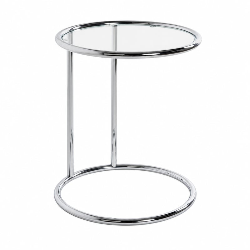 Masă mică HAKU Furniture 64235 cu blat rotund din sticlă și bază din metal cromat, modernă — lipsește șurubul marcat cu G (stare: vezi a 2-a imagine)