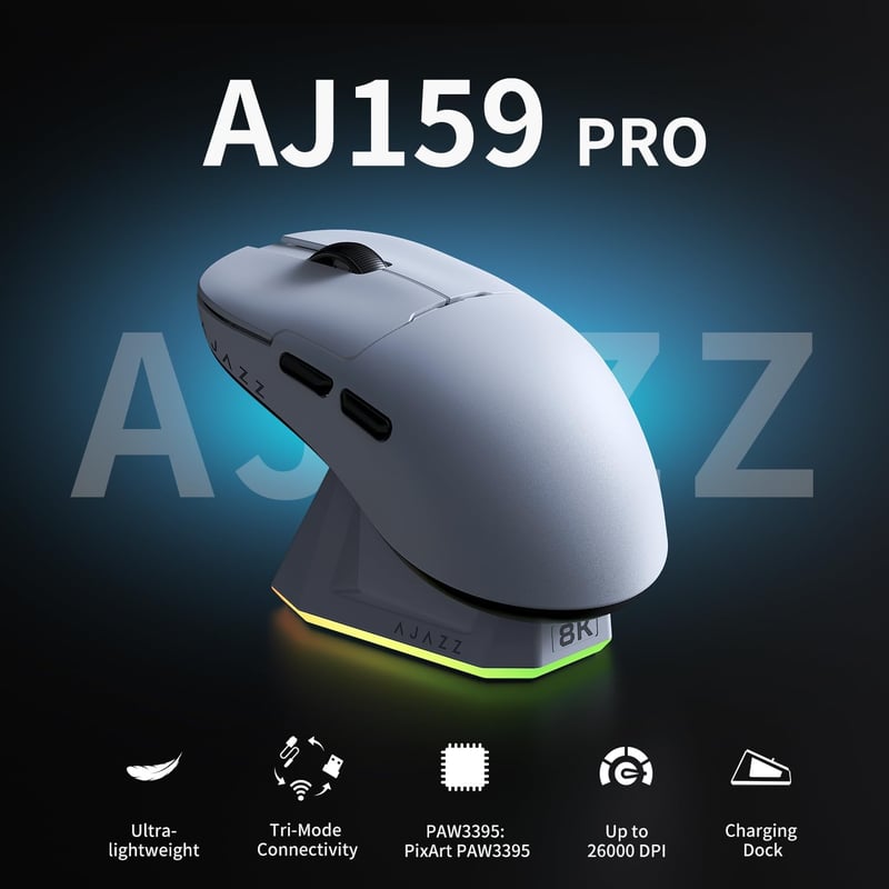AJAZZ AJ159PRO Gaming Egér PAW3395 Szenzorral, Mágneses Töltővel, Vezeték Nélküli, Ergonomikus, 26K DPI, 8K Válaszidő, 400 mAh Akkumulátor, 