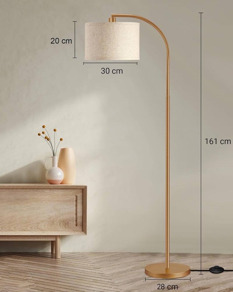 EDISHINE Állólámpa 161 cm - Arany Ívelt Padlólámpa Állítható Bézs Lenvászon Ernyővel, Lábkapcsolóval, E27 LED Izzóval Nappaliba, Hálószobába