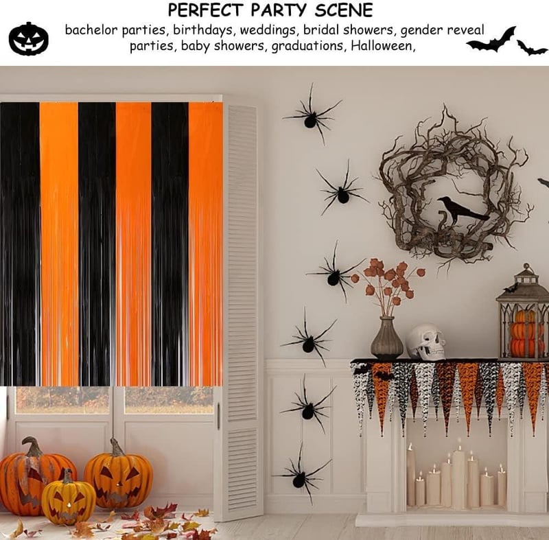 Cortină decorativă de Halloween, înfricoșătoare, negru-portocaliu.