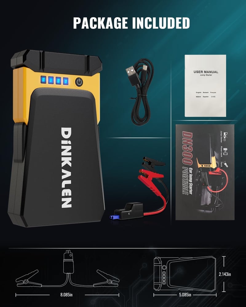 DINKALEN 1200A Autós Bikázó, 15800mAh, LED Lámpával, 8.0L Benzin/6.5L Dízel