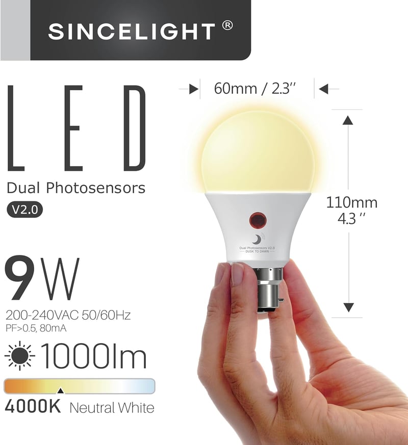 SINCELIGHT LED izzó dupla alkonyérzékelővel, kültéri lámpákhoz, B22, 4000K, 2db