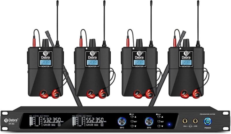 D Debra Audio PRO ER-202 UHF Dupla Csatornás Vezeték Nélküli Fülmonitor Rendszer - Színpadi, Stúdió Használatra, Zenészeknek (4 Vevőegységge