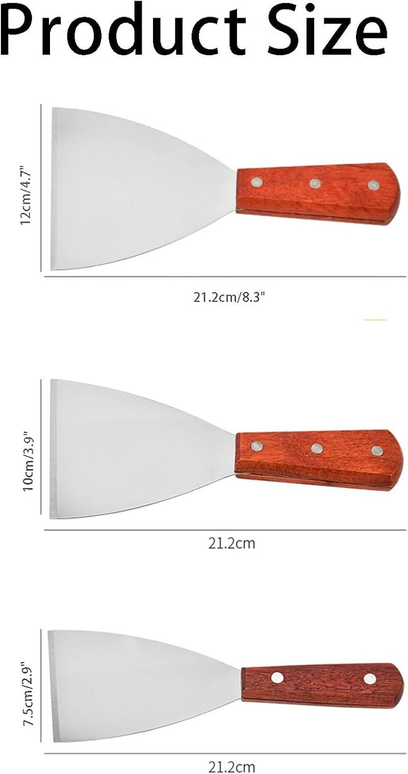Helweet 3 részes Teppanyaki Spatula Készlet - Rozsdamentes Acél Grillező Lapát Fa Nyéllel Sütéshez, BBQ-hoz, Pizzához, Steakhez
