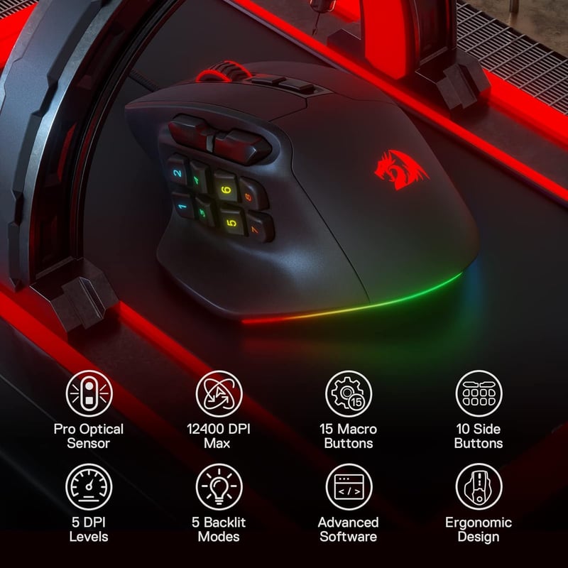 Redragon M811 Aatrox MMO gamer egér, 15 programozható gombbal, RGB háttérvilágítással