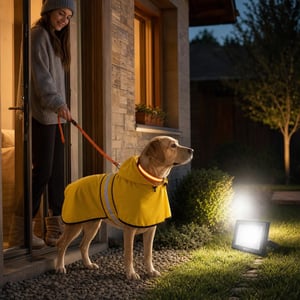 Set za večernje šetnje psa: 1x kabanica L + 1x LED ogrlica + 1x vanjski LED reflektor