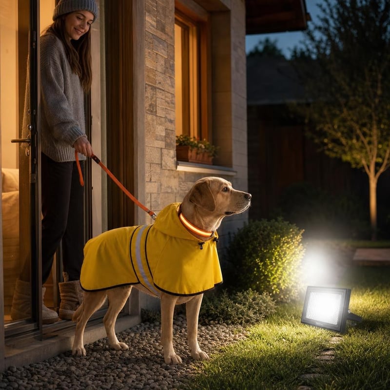 Esős esti kutyakaland: L méretű kutyaesőkabát + LED kutyanyakörv + kültéri LED reflektor
