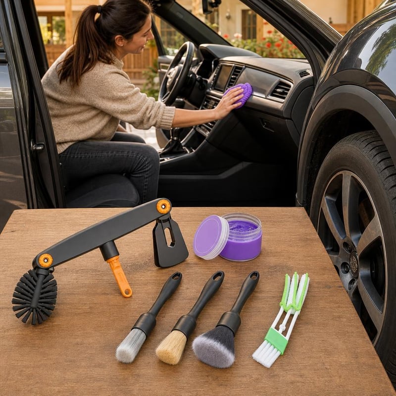 Pachet curățare auto: 4 perii detailing + cap reglabil + gel curățare interior