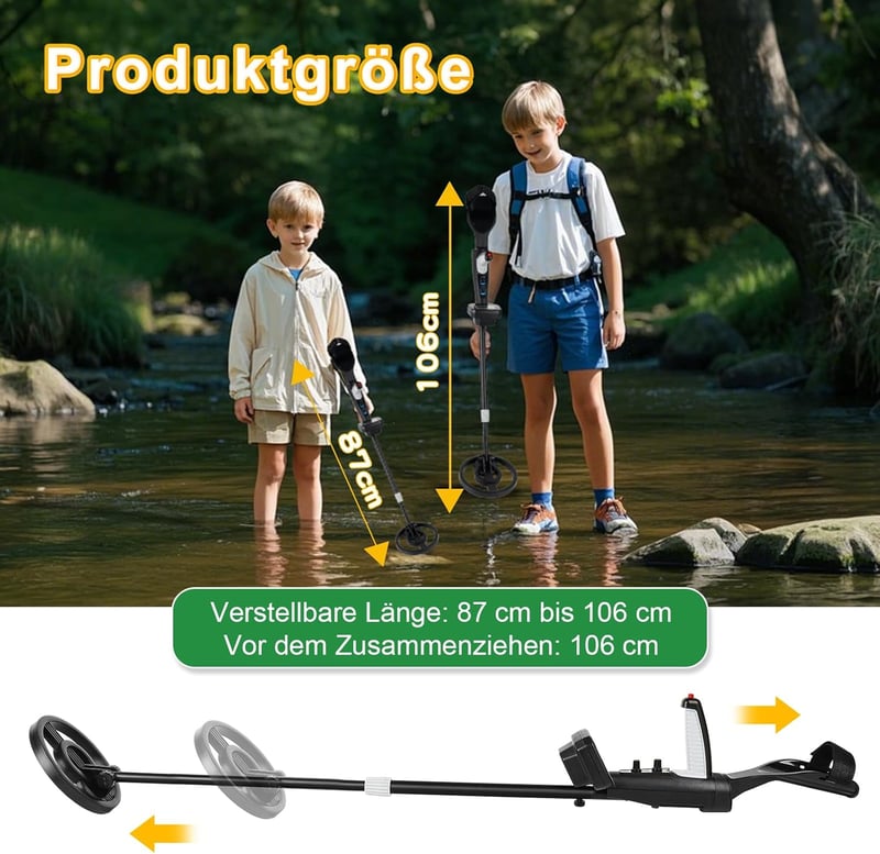 HFRYPShop Fémkereső Gyerekeknek - Vízálló Tekerccsel, 89-106 cm Állítható, Könnyű, 3 Keresési Móddal, Összecsukható, Kincsvadászathoz és Túr