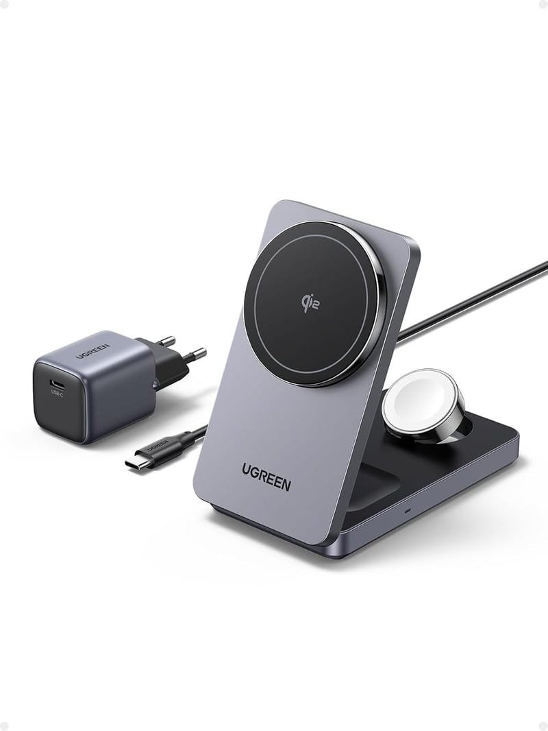 UGREEN MagFlow Qi2 15W 3-in-1 Vezeték Nélküli Töltőállomás iPhone 16/15/14/13/12, AirPods és Apple Watch Készülékekhez, Összecsukható Mágnes