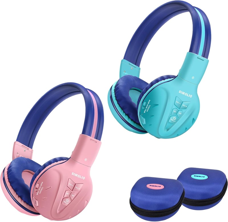 SIMOLIO gyerekbarát Bluetooth fejhallgató, hangerőkorláttal, 2 db, menta+rózsaszín