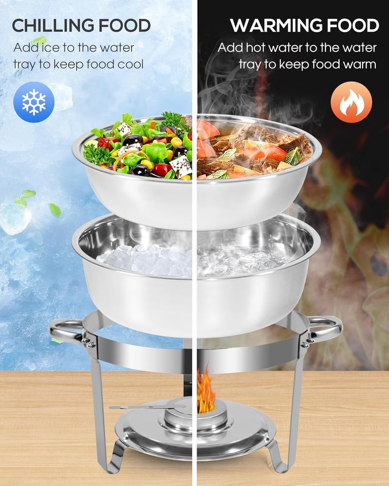 WENMILY Rozsdamentes Acél Ételmelegítő Szett 5L - 2 db Kerek Ezüst Chafing Dish Tálalóedény Gördülő Élekkel - Partikra, Büfékre, Rendezvénye