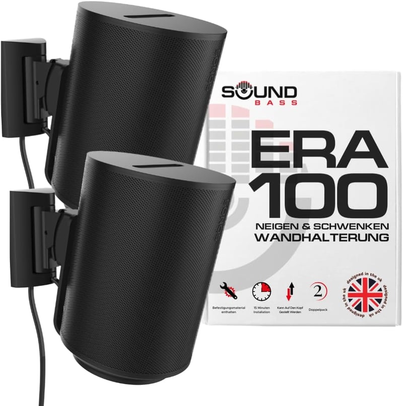 Sound bass ERA100 Fekete Fali Tartó Szett (2 db) - Dönthető és Forgatható Konzol Sonos ERA 100 Hangszóróhoz, Egyszerű Felszerelés