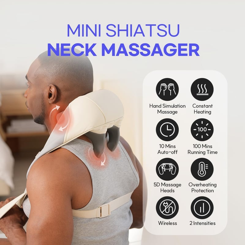 HuBDIC Mini Shiatsu Nyakmasszírozó - Vezeték Nélküli Melegítő Funkcióval, 3D Mély Szöveti Masszázs, Hordozható Váll- és Hátmasszírozó, Elefá