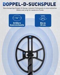 Hazlewolke Professzionális Fémdetektor 14" Vízálló DD Keresőtekerccsel - 33 cm Keresési Mélység, 4 Üzemmód, Pinpoint Funkcióval, Fémkereső F 3