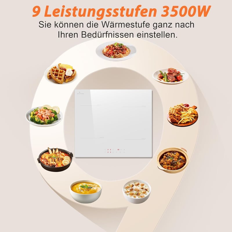 DELITEER Indukciós Főzőlap 4 Zónával, 59 cm Beépíthető, Fehér Kerámiaüveg, 3500W, 9 Teljesítményszint, Gyerekzár, Érintőgombos Vezérlés, 230