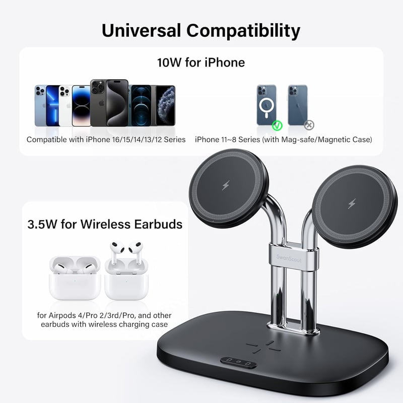 SwanScout 706M Indukciós duőéa Töltőállomás iPhone és Airpods- Vezeték Nélküli MagSafe Dupla Töltő