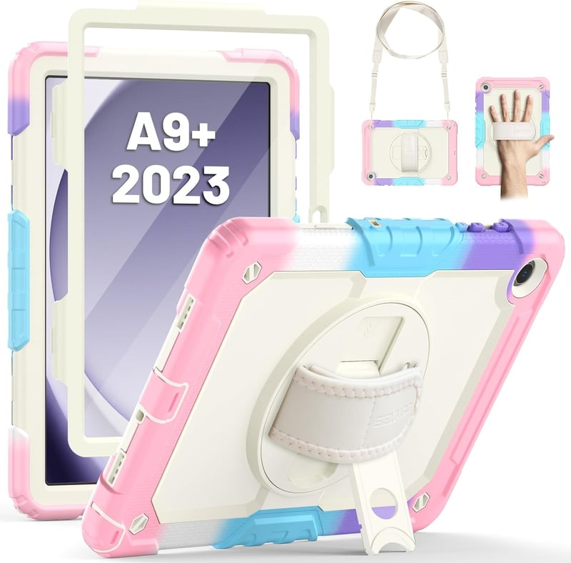 SEYMAC Samsung Galaxy Tab A9 Plus 11" (2023) Védőtok - 360° Forgatható Állvány, Kézpánt, Vállpánt, Tolltartó, Beépített Képernyővédővel - Te