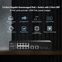YuLinca 12 portos Gigabit PoE switch, 8 PoE+ port, 2 uplink, 2 SFP, 120W, ventilátor nélküli 2