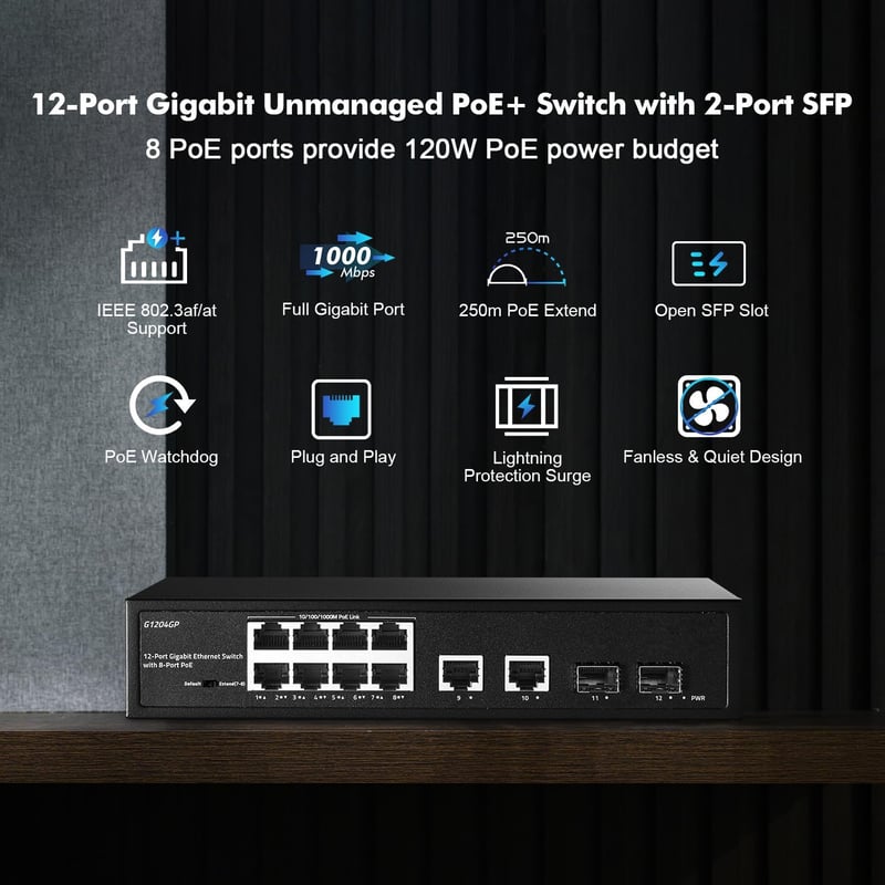 YuLinca 12 portos Gigabit PoE switch, 8 PoE+ port, 2 uplink, 2 SFP, 120W, ventilátor nélküli