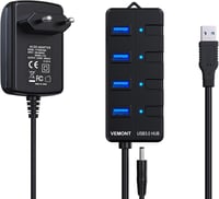 VEMONT USB 3.0 Hub 4 Port Aktív Adapter Tápegységgel és Kapcsolóval 1