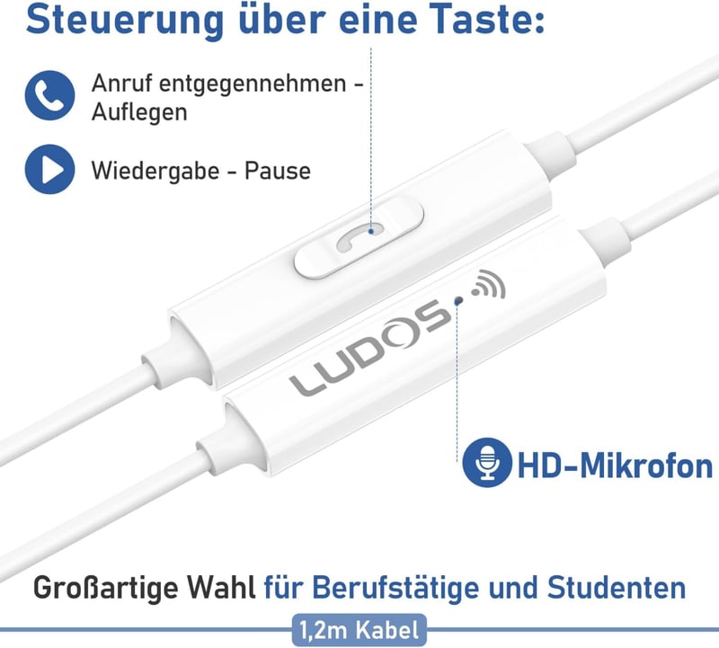 LUDOS Ferox Vezetékes Fülhallgató Mikrofonnal - 3,5 mm Jack, Mély Basszus, iPhone/Samsung/Huawei Kompatibilis Fehér Füldugó