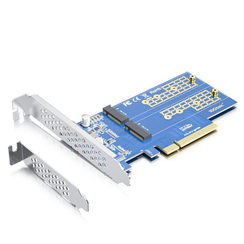10Gtek duálna rozširujúca karta M.2 NVMe SSD – slot PCIe 3.0 x8 (M-Key), podpora pre 2x NVMe disk s bifurkáciou, vyžaduje podporu rozdelenia v systéme BIOS, pre stolné počítače