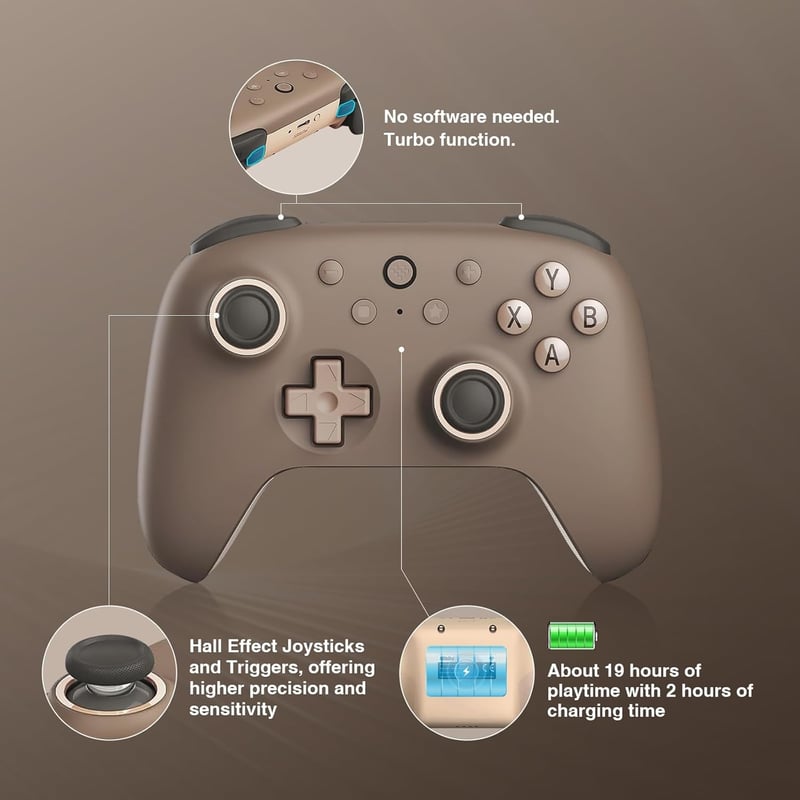 8bitdo Ultimate 2C Vezeték Nélküli Kontroller Windows PC és Android Eszközökhöz, Hall-Effekt Joystickkel, 1000 Hz-es Válaszidővel, Barna