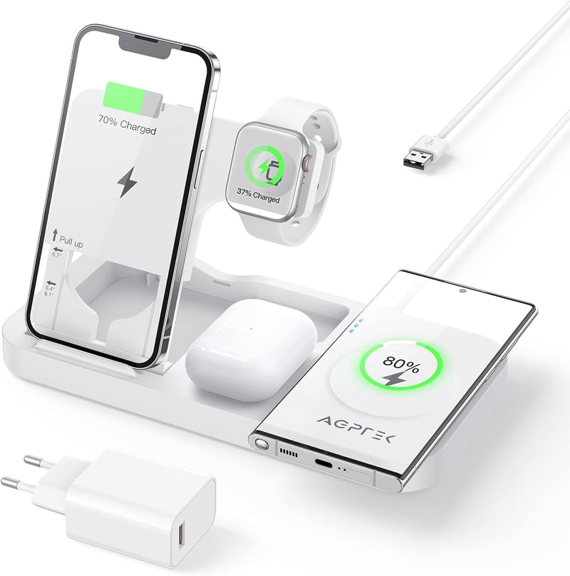 AGPTEK 4 az 1-ben Vezeték Nélküli Töltőállomás iPhone, Samsung és Huawei Készülékekhez