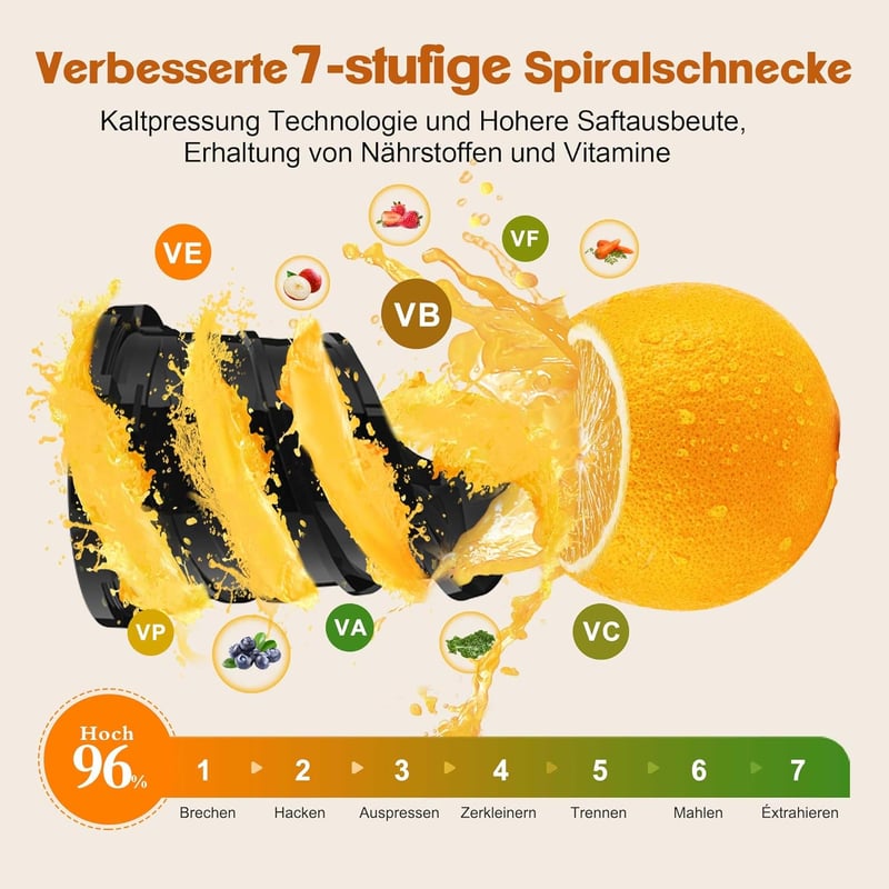 Fretta Slow Juicer 250W Gyümölcs- és Zöldségprés - Rozsdamentes Acél Hidegprés 135mm Széles Adagolónyílással, Visszaforgató Funkcióval, BPA-