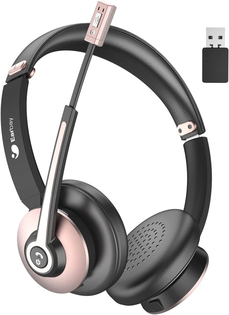 Earbay Bluetooth Headset Mikrofonnal - Zajszűrős, USB-s Vezeték Nélküli Fejhallgató PC-hez, Rózsaarany