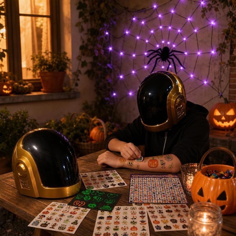Halloween set: 408x svjetleće tetovaže + LED paukova mreža + maska za glavu