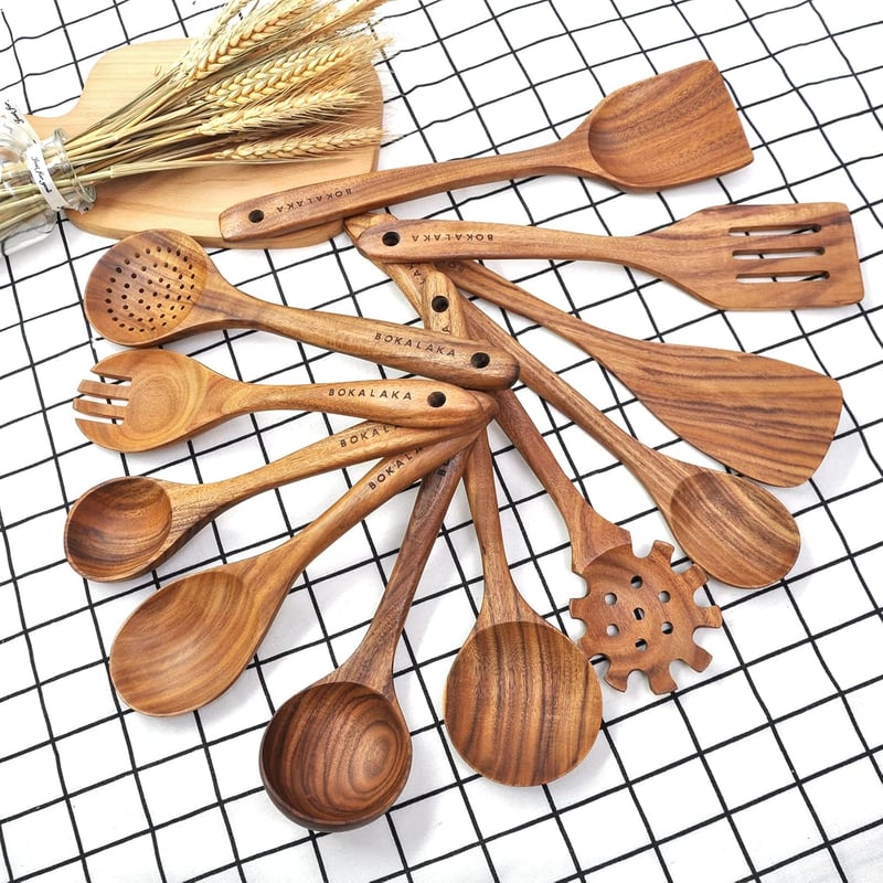 BOKALAKA 11 részes fa konyhai eszközkészlet - Főzéshez, sütéshez használható fa spatulák és fakanalak - Természetes faanyagú konyhai kelléke