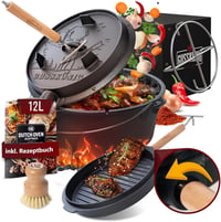 Gusskönig 12L Öntöttvas Dutch Oven Készlet - Láb Nélküli Tűzálló Edény Dupla Funkcióval - Fedélemelővel, Kefével és Receptkönyvvel - 8-10 Sz 1