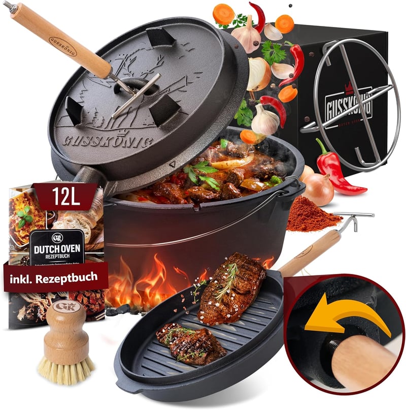 Gusskönig 12L Öntöttvas Dutch Oven Készlet - Láb Nélküli Tűzálló Edény Dupla Funkcióval - Fedélemelővel, Kefével és Receptkönyvvel - 8-10 Sz